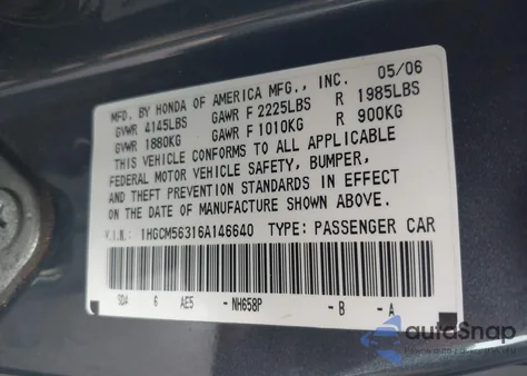 2006 Honda Accord Se z USA, uszkodzony, nr VIN 1HGCM56316A146640